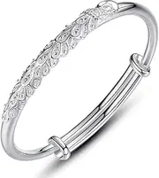 [BABESA] Sterling Silver Bracelet,Chain Bangle,Sterling Silver Bracelet For Women,Women 925 Sterling Silver Bracelet Carve Peacock Adjustable Cuff Bangle Ladies Silver Jewellery Birthday Gifts For Sisters Frie