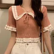 Short-Sleeve Collar Contrast Trim Cropped Tee Tangerine Red - One Size