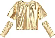 [Perfashion] Girls Metallic Shirts with Arm Sleeves, Shiny Crop Top for Dancing, Raves, Festivals, Costumes 4-15 Years