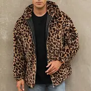 Men's Winter Jacket Fleece Jacket Faux Fur Coat Daily Vacation Thermal Warm Pocket Fleece Fall Winter Leopard Print Fashion Streetwear Hooded Regular Yellow B