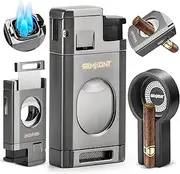 SEMKONT Triple Jet Flame Cigar Lighter With Cutter, Windproof Butane Refillable Torch, 2 in 1 Multifunctional Gift Accessories Ashtray Set (Grey)