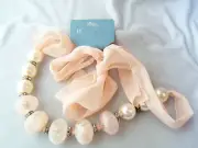 Icing Faux Pearl & Marbled Pink Lucite Bead Chiffon Ribbon Necklace