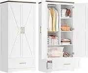 Wooden Armoire Wardrobe Closet with Door and Drawer, 71'' Wardrobe Cabinet with Hanging Rod, Armoire with Shelves, Tall Clothing Storage Cabinet for Bedroom, White
