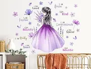 Butterfly Girl Wall Decal Flower Fairy Princess Wall Stickers Inspirational Quote Purple Lavender Floral Vinyl DIY Removable Peel and Stick Nursery Wall Decor for Kids Baby Bedroom Decoration DT-8617