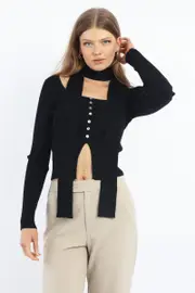 Black Knit Top Long Sleeve Scarf - Size 12M, Women's Crop Knitted