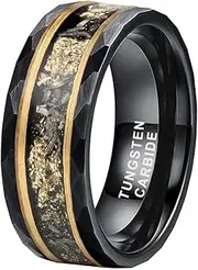 [TUTISS] 8mm Silver/Black Hammered Tungsten Rings for Men Women Engagement Wedding Bands Genuine Meteorite Shavings Gold Foil Inlay Matte Finish Comfort Fit