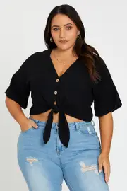 Black Short Sleeve Linen Blend Tie Front Shirt