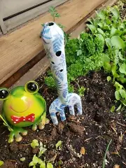 Blue floral garden fork; garden accessories; breaks up soil; ferns print;