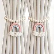 Rainbow Macrame Curtain Tiebacks with Wooden Beads, Set of 2 Wooden Curtain Tie Backs， Rainbow Tassel Curtain Buckle Magnetic Curtain Buckle