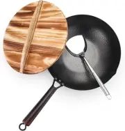12.6" Carbon Steel Wok with Lid - Flat Bottom, Induction, Gas, Electric Compatib
