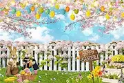 GKLEASG 7x5ft Happy Easter Backdrop Spring Green Grass Blue Sky Photography Background Colorful Eggs Bunny Rabbit Floral Flower Rustic Party Supplies Banner Decor Studio Props