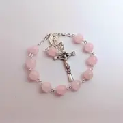 ✫ Rose Quartz Gemstone ✫ ONE DECADE ROSARY Immaculate Medal Catholic Crucifix