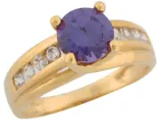 10k or 14k Yellow Gold Round Cut Simulated Amethyst White CZ Accent Ladies Ring