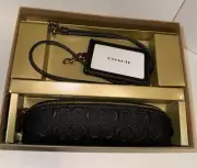 New COACH Signature Logo Black W/Gold Make Up/Pencil Case and ID Holder Lanyard