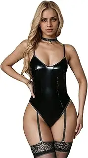 [Generic] Faux Leather Lingerie Set for Women Plus Size PU Bodycon Costume V Neck Backless Bodysuit Chemise Mini Lingerie Dress