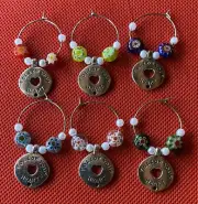 NEW 6 Wine Charms - Millefiori Murano Glass Flower Beads "Follow Your Heart"