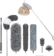 [vellaluna] Microfiber Feather Duster,7 PCS Reusable Bendable Washable Cobweb Duster with 100 inches Extra Long Extension Pole for Cleaning Ceiling Fan, High Ceiling, Blinds, Furniture & Cars
