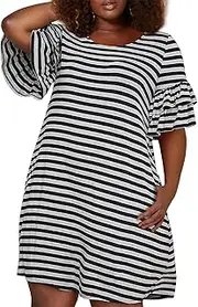 [Nemidor] Women's Ruffle Sleeve Jersey Knit Plus Size Casual Swing Dress with Pocket (26, Black Stripe)