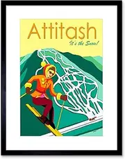 Vintage Ad Winter Sport Attitash Ski Snow Slopes Framed Wall Art Print