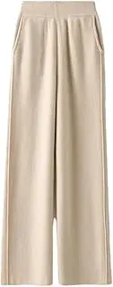 [Generic] Wool Woman's Wide Leg Pants Mid Waist Relaxed Straight Tube Knitted Long Trousers Solid Clastic Waist