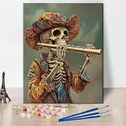 TUMOVO Skull Paint by Numbers for Adults, DIY Skeleton Playing Flute Painting by Numbers Kits wit Canvas Wall Decor with Brushes and Pigment Skull Oil Painting for Family (Frameless) 16"x20"Inch