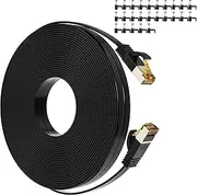Cat 7 Ethernet Cable 100 FT, Cat7 Flat High Speed 10Gbps 600MHz Shielded Internet Network Patch Black Cord, Ultra Slim RJ45 LAN Cable, for PS5, Modem, Router, LAN, Computer with 25 Cable Clips