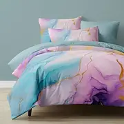 L.T.Home 100% Cotton Sateen Duvet Cover Set Reversible Premium 300 Thread Count Marble Pattern Elite Bedding Set Queen King Size