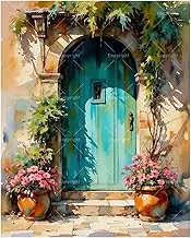 Architecture Paint by Numbers Kit for Adults - DIY Blue Garden Door with Potted Flowers Painting on Canvas 16x20 Inches, Acrylic Paint Set, Suitable for Beginners,Art for Decoration or Gifts