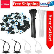 140-Pack Zip Tie Self-Adhesive Cable Holders in White & Black - Durable Design