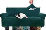 XINEAGE 1 Piece Velvet Couch Covers for 3 Cushion Couch Living Room High Stretch Sofa Cover Pets Dogs Friendly Anti Slip Thickened Slipcovers Furniture Protector (3 Seater, Blackish Green)
