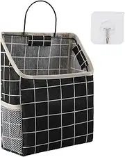 Surblue Wall Hanging Storage Bag with Sticky Hook, Closet Hanging Storage for Pocket, Bathroom Dormitory Organizer Bag, Linen Cotton Organizer Box Containers for Bedroom(Black)