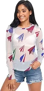 [RPLIFE] Cute Plane Red White Blue Mesh Long Sleeve Shirt, Sexy Mesh Tops for Women S-XXL