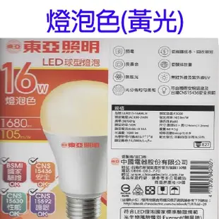 東亞 16W LED球型燈泡(白光/黃光) (6.8折)