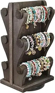 Ikee Design Two-Sided Rotating Wooden Jewelry Bracelet Display Stand-6 Removable Holders, 3 Tier Bar Bangle Organizer-Perfect for Bracelets and Jewelry Display, Dark Brown Color
