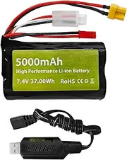 Fytoo 7.4V 5000mAh 2S Li ion Battery with JST Plug and XT30 Plug with USB Charging Cable Suitable for TX16S, TX18S, RC4GS, RC6GS, TX12 RC Transmitter RC Car Truck Engineering Vehicle Battery