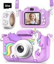 Seckton Kids Camera Toys for 3-8 Year Old Girls, Children Digital Video Camcorder Camera with Unicorn Soft Silicone Cover, Christmas Birthday Gifts for 3 4 5 6 7 8 Year Old Girls with 32GB SD Card