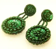 Handmade green seed beaded sequins clip on double Dangle fashion party earrings