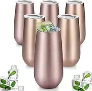 Maxdot 6 Pieces Champagne Tumbler Stemless Flutes Double Insulated Mini With Lips Stainless Steel Cocktail Cups for Coffee Wine Glass (Rose Gold, Champagne)