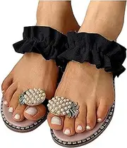 [FORVOLWCO] Women Casual Slippers Pineapple Rhinestone Flat Sandals - Shiny Clip Toe Flip Flops Pearl Bohemian Style Beach Shoes - Summer Elegant Toe Ring Slipper (Color : Black, Size : 4)