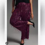 NWT Anthropologie Maeve Fringed Sequined Wide-Leg Pants Plum 8P