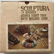 Vintage MCM Sculptura By Kromex Double Tidbit Tray with Walnut Trim *New In Box*