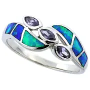 Women Silver Rhodium Plated Opal Inlay Ring Marquise Shape CZ stone Accents 9mm