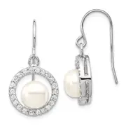 Sterling Silver Rhodium Plated Clear Cz Circle And 7-8mm White Freshwater Cultured Pearl Dangle Earrings