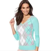 New York & Company Waverly Turquoise Argyle Vneck Sweater Size Medium