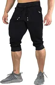 [FASKUNOIE] Men's Cotton Casual Shorts 3/4 Jogger Capri Pants Breathable Below Knee Short Pants with Three Pockets