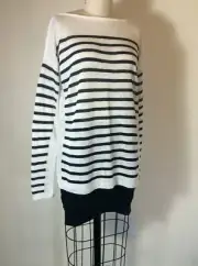 NWT Vince Intarsia Striped Linen Sweater Pullover in White/Dark Navy Size S $185