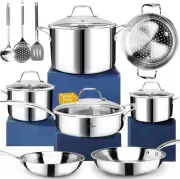 HOMICHEF 14-Piece Stainless Steel Cookware Set - Mirror Polished Pots and Pans