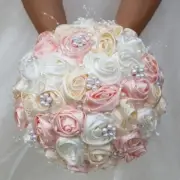 Creamy Peach Satin Rose Flower Bridal Bouquet with Pearl Ribbon Wedding Bouquets