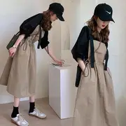 Set: Elbow-Sleeve Plain Blouse + Pinafore Dress Set Of 2 - Blouse & Dress - Black & Khaki - 2XL