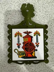 Vintage Rooster + Coffee Mill Cast Iron Green Trivet